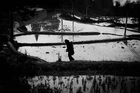 Woman walking with her son (Yuanyang, Yunnan, China)の写真素材