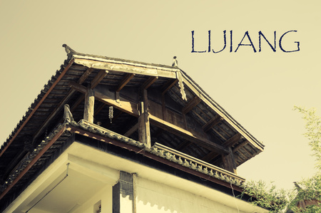 CHINA - YUNNAN - LIJIANG - Sign, banner, illustration, title, cover, pavilion, temple (Old Town of Lijiang)のeditorial素材