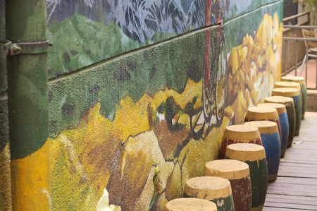 Painted wall background with colored stools (Kunming, Yunnan, China)のeditorial素材