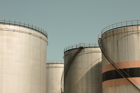 Oil storage tank with metal bridge and stairs (Pesaro, Italy, Europe)の写真素材