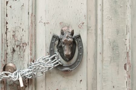 Horseshoe and horse head knoker - Door Handle (Pesaro, Italy, Europe)の写真素材