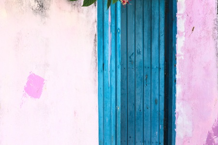 Blue wooden door with a pink painted wall of a Maldivian houseの写真素材