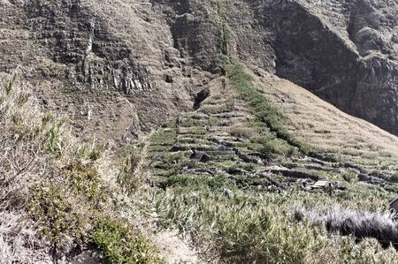 Rural village with thatched and stoned houses in a tropical place near terrace cultivationの写真素材