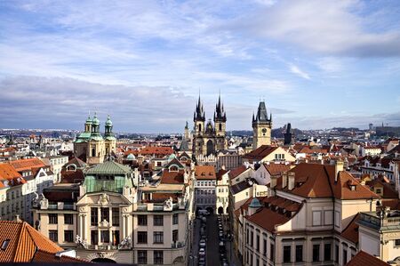 Panoramic view of St. Mary's Tyn Church and the Powder Tower (Prague, Czech Republic, Europe)の写真素材