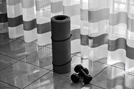 Gym workout at home with two small dumbbell weights and a gym mat (Pesaro, Italy, Europe)の写真素材