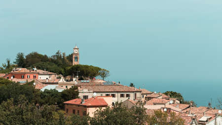 Panoramic view of 'Fiorenzuola di Focara', a small italian town in 'San Bartolo National Park' above Mediterranean sea (Pesaro, Marche, Italy, Europe)の写真素材