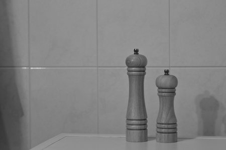 A wooden pepper mill and salt mill isolated in the kitchen (Pesaro, Marche, Italy)の写真素材