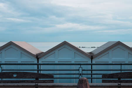 Beach huts in front of the Mediterranean sea (Pesaro, Italy, Europe)の写真素材