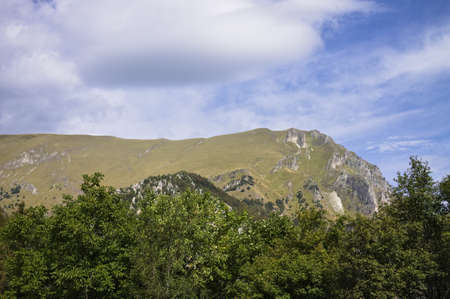 View of a green mountain from a forest in the Sibillini National Park (Marche, Italy, Europe)の写真素材