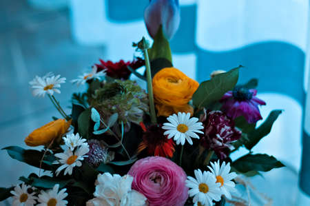 A bouquet of colorful flowers and green leaves inside a vase (Pesaro, Marche, Italy)の写真素材
