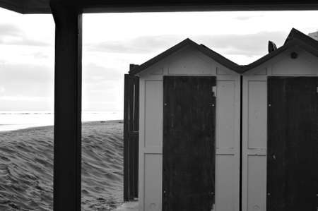Colorful beach cabins in front of the Adriatic Sea at sunrise (Pesaro, Italy, Europe)の写真素材