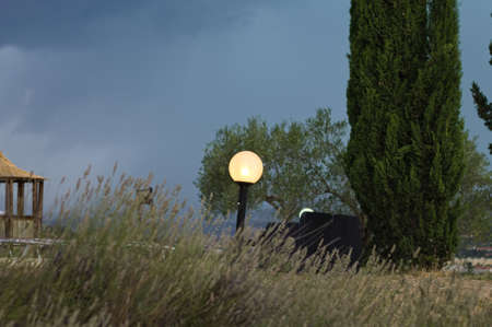 A crooked street lamp in the garden illuminated in the evening (Umbria, Italy, Europe)の写真素材