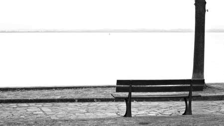 An empty wooden bench in a park facing Lake Trasimeno (Umbria, Italy, Europe)の写真素材