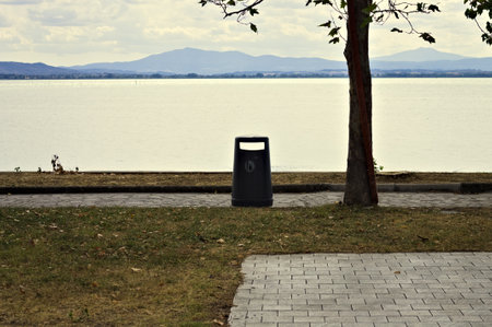 An isolated garbage can under a tree in a park on Lake Trasimeno (Umbria, Italy, Europe)の写真素材
