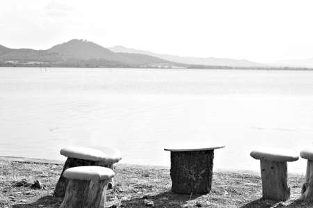 Mushroom-shaped seats made from wood logs along the shore of Lake Trasimeno (Umbria, Italy, Europe)の写真素材