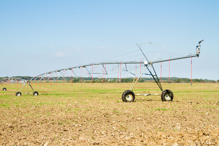Field with a pivot sprinkler system for irrigation in the Midwest section of the United Statesの写真素材