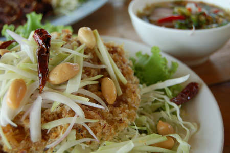 Deep fried cat fish Thai saladの写真素材