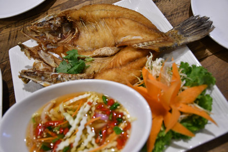 Deep fried Seabass with Thai sauceの写真素材
