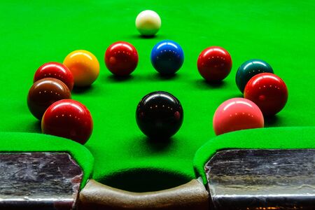snooker balls on green tableの写真素材