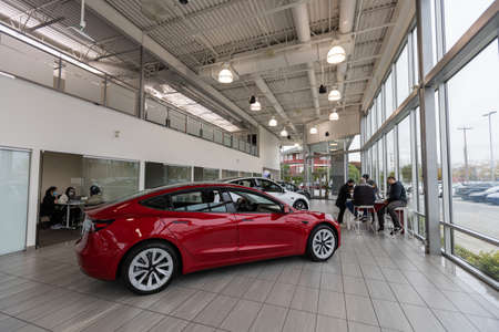 Cars in showroom of dealership Nissan in Kirov city in 2021の写真素材