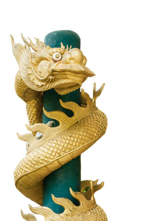 Golden dragon statue on white backgroundの写真素材