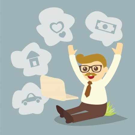 dreaming man while working at computer notebookのイラスト素材