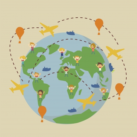 World globe travel map with airplanes,boat,balloonのイラスト素材