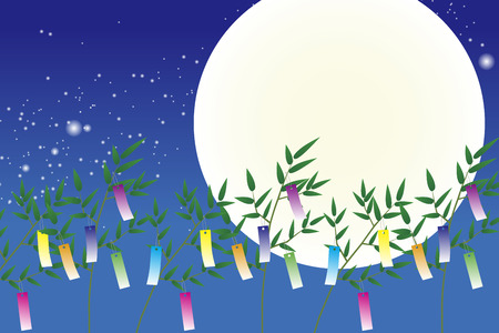 Wallpaper materials, Tanabata Festival, kumeta, milky way, milky way, Moonlight, full moon, sky, space, sparkle, copy space, summerのイラスト素材