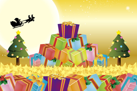 Background material wallpaper, Christmas tree, gifts, lights, ornaments, decoration, winter, decoratingのイラスト素材
