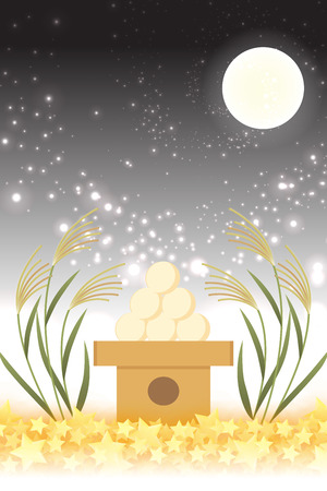 Japanese style background material, moon view, full moon, autumn, full moon, Japanese traditional events, Susuki, moonlit night, Mid autumn Moon, Kaguya Hime, Takebashi Monogatariのイラスト素材