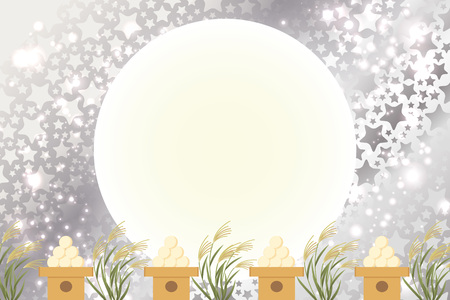 Japanese style background material, illustration, autumn, landscape, moon view, full moon, full moon, Susuki, dumpling, moonlight, night sky, night view, Japanese culture, lightのイラスト素材