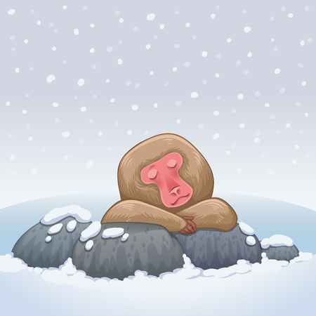 Snow monkey relaxing in onsen hot springs vector illustrationのイラスト素材
