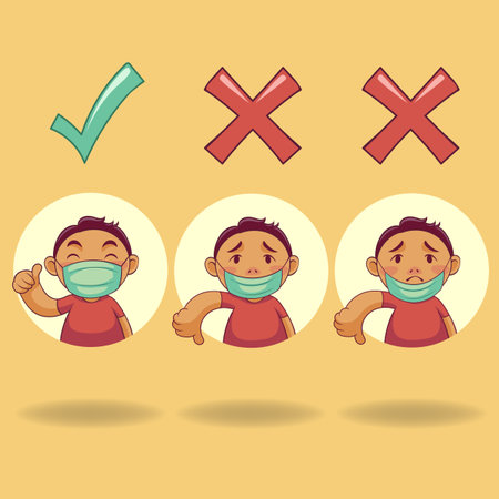 How to wearing medical mask cartoon character. vector illustration.のイラスト素材