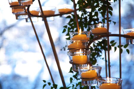 Tea-light candles at a wedding receptionの写真素材