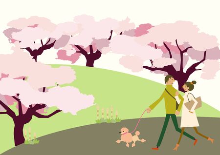 Scenery of cherry blossoms. A couple walking.   Spring clip art. Illustration of the season.のイラスト素材