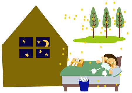Image of hay fever. Image of allergy. People of cedar pollen and allergy. Image of stuffy nose and hay fever.のイラスト素材