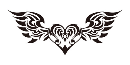 Tribal... Tribal sticker. Heart and wings. Design of angel wings and hearts. Tribal design.のイラスト素材