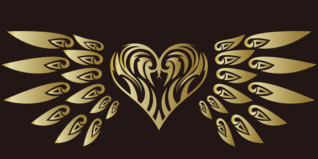 Tribal... Tribal sticker. Heart and wings. Design of angel wings and hearts. Tribal design.のイラスト素材