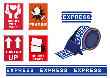 Illustration of packing stickers. Material for packaging. Shipping company's sticker. Icon of the shipping company. Delivery sticker.のイラスト素材