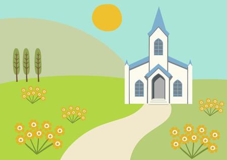 A fine weather landscape. A scenery with a church. Illustration of a scenery with a church.のイラスト素材