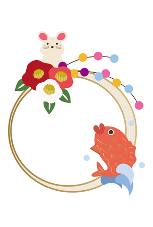 Japanese New Year Ornament with Zodiac animal. Auspicious interior mouse with. New Year's Wall decoration.のイラスト素材