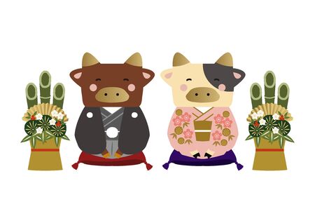 Japanese style cow character. Zodiac clip art. Cow and Bull Vector Art for the New Year Season. Illustration material for the New Year Season.のイラスト素材
