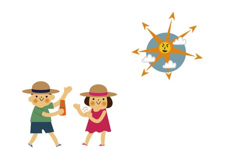 Boy and Girl and Applying On sunscreen. Summer clip art. Character Design. Illustration of Boy and Girl with Sun.のイラスト素材