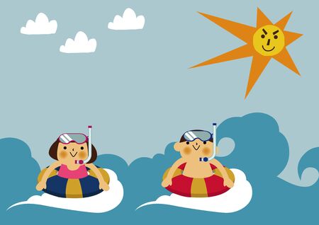 An image of swimming. Boys and girls swimming in the sea.のイラスト素材