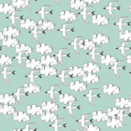 Seamless pattern of birds and clouds.
Fabric design. Seamless wallpaper artwork.のイラスト素材