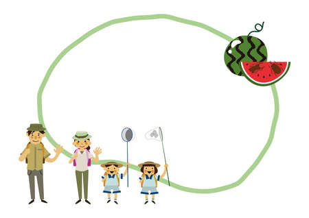 Illustration of summer leisure.
Summer icon material. A person in summer clothes. Summer trekking.のイラスト素材