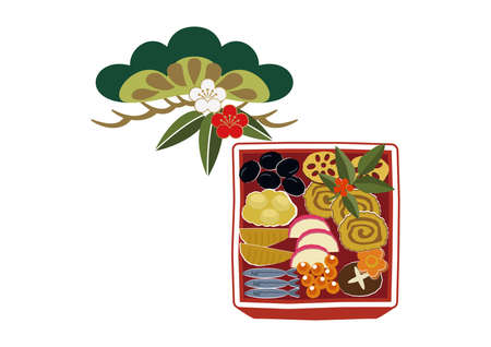 New Year material. Illustration of osechi dishes. New Year dishes. For Japanese New Year.のイラスト素材