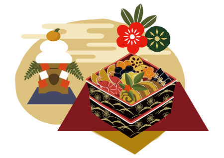 New Year material. Illustration of osechi dishes. New Year dishes. For Japanese New Year.
Osechi-ryori are traditional Japanese dishes specially served on the New Year holidays.のイラスト素材