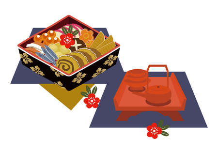 New Year material. Illustration of osechi dishes. New Year dishes. For Japanese New Year.
Osechi-ryori are traditional Japanese dishes specially served on the New Year holidays.のイラスト素材