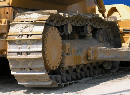 Closeup of a track on a bulldozer used in construction.の写真素材